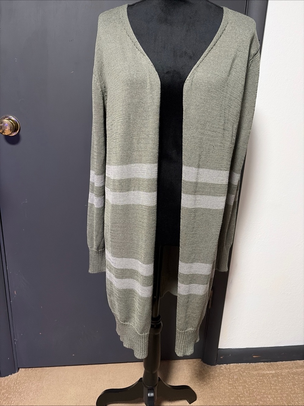 Open-Front Olive Stripe Women's Cardigan